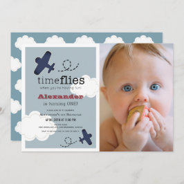 タイムフライ飛行機ブルーボーイフォト1st誕生日 招待状