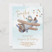 タイムフライ飛行機ブルー1歳の誕生日 招待状 (正面)