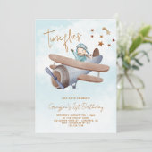 タイムフライ飛行機ブルー1歳の誕生日 招待状 (スタンド正面)