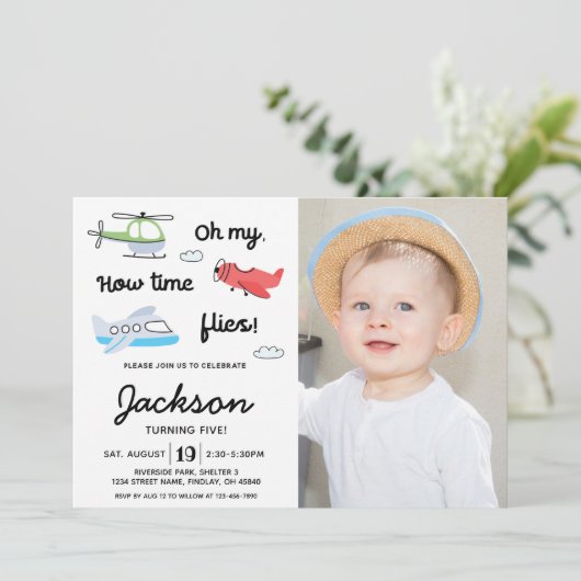 タイムフライ飛行機ヘリコプターフォト誕生日 招待状 (スタンド正面)