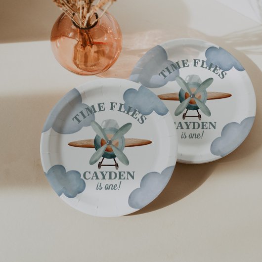 タイムフライ飛行機誕生日フォトプリント ペーパープレート