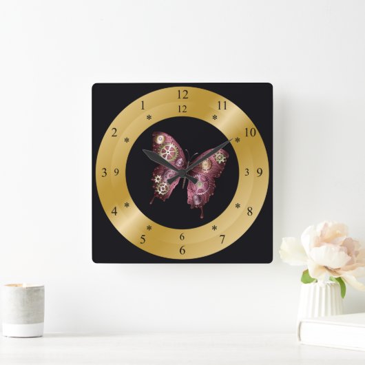 タイムマシン・クロック~スチームパンク~バタフライ~ギア~ スクエア壁時計 (ホーム)