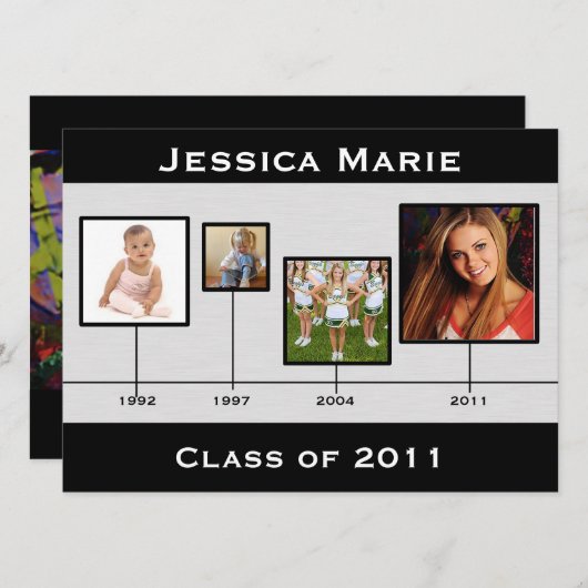 タイムラインの黒いおよび灰色の卒業Inviation 案内状 (正面/裏面)