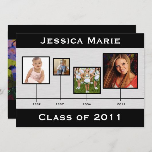 タイムラインの黒いおよび灰色の卒業Inviation 案内状 (正面/裏面)