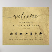 タイムライン結婚付きブラックと金ゴールドのウェルカムサイン ポスター (正面)
