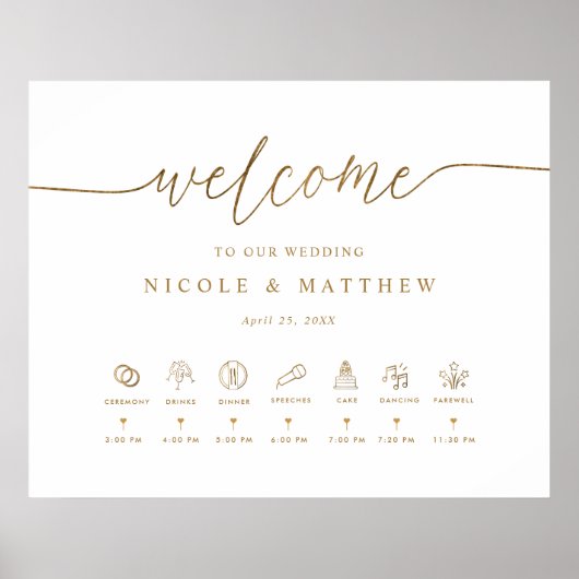 タイムライン結婚付き白と金ゴールドのウェルカムサイン ポスター (正面)
