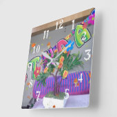 タイムラブリーカラフルハッピーバースデー スクエア壁時計 (傾斜)