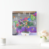 タイムラブリーカラフルハッピーバースデー スクエア壁時計 (ホーム)