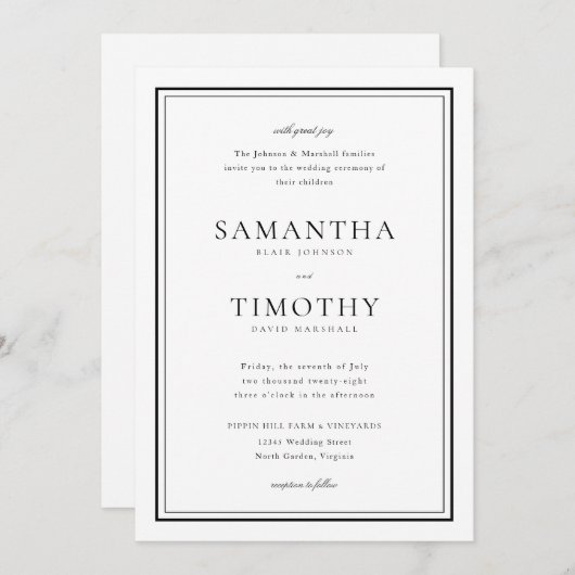 タイムレクラシックスの黒と白縁どの結婚 招待状 (正面/裏面)