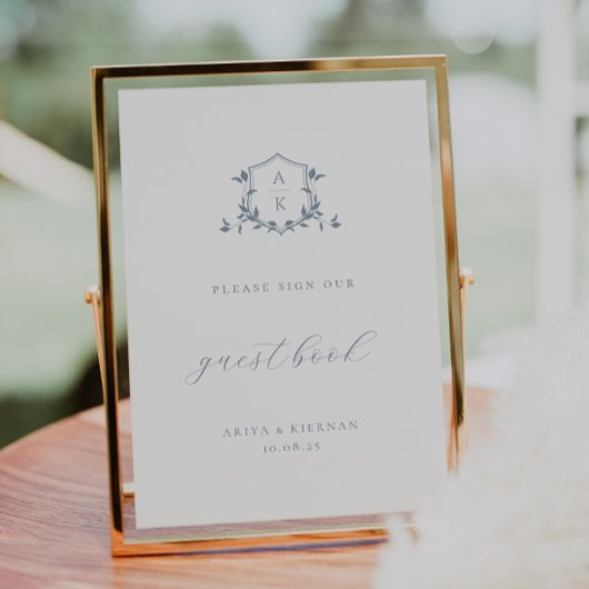 タイムレスつる植物ダスティブルークレストゲストブックサイン ポスター