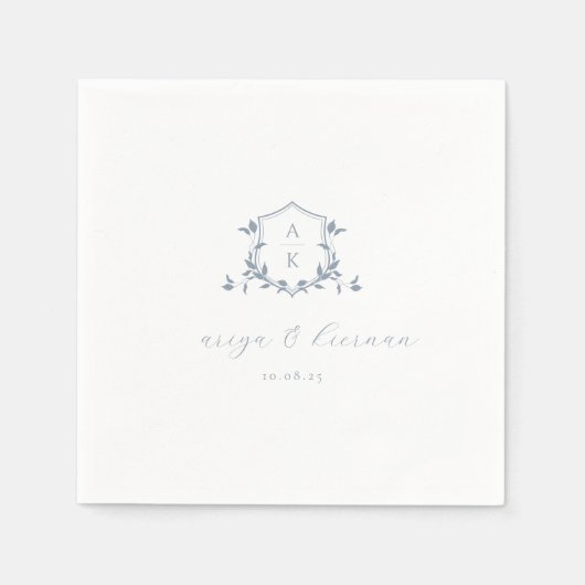 タイムレスつる植物ダスティブルークレスト結婚のモノグラム スタンダードカクテルナプキン (正面)
