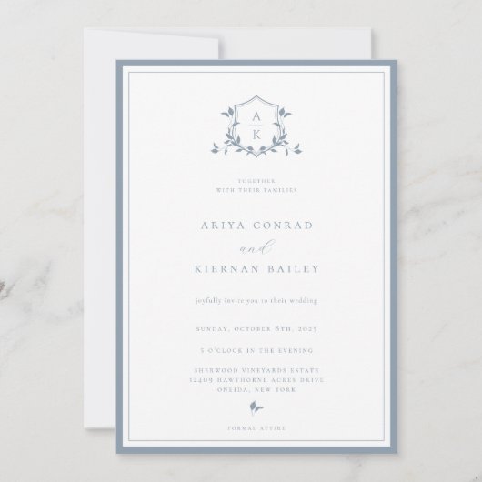 タイムレスつる植物ダスティブルーモノグラム結婚ズクレスト 招待状 (正面)