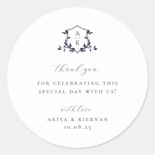 タイムレスつる植物ネイビー結婚クレストモノグラム ラウンドシール (正面)