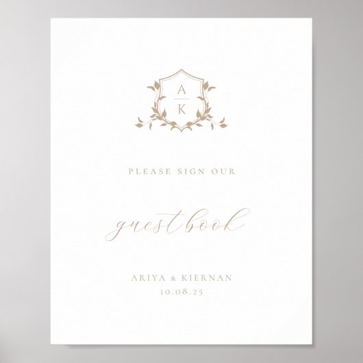 タイムレスつる植物ベージュクレストゲストブックサイン ポスター (正面)