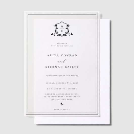 タイムレスつる植物モノグラ結婚ムの ベラム紙招待状 (オフセット)