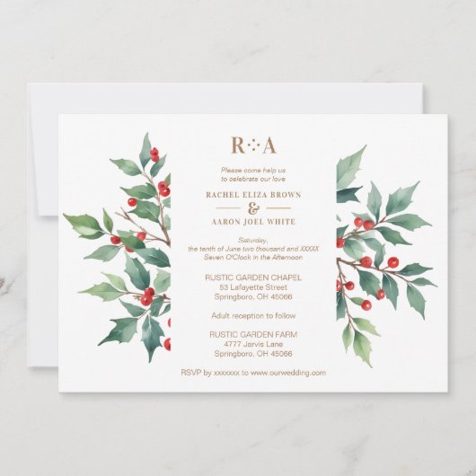 タイムレスなクリスマスホリーの枝の結婚写真 招待状 (正面)