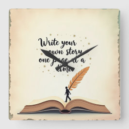 タイムレスなストーリー – 瞬間は新しいページだ！ スクエア壁時計