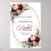 タイムレスなバーガンディーの白い花のブライダルシャワーの歓迎 ポスター (正面)