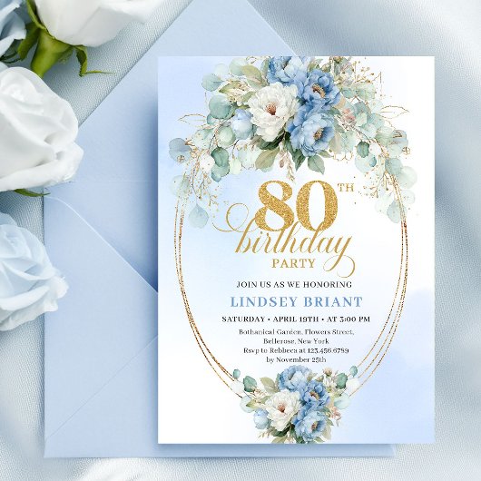 タイムレスなパステルブルーの芍薬とグリーン 80歳の誕生日 招待状