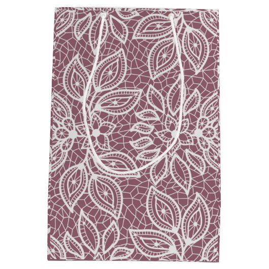 タイムレスなレースの結婚式用マウベとホワイト ミディアムペーパーバッグ (裏面)