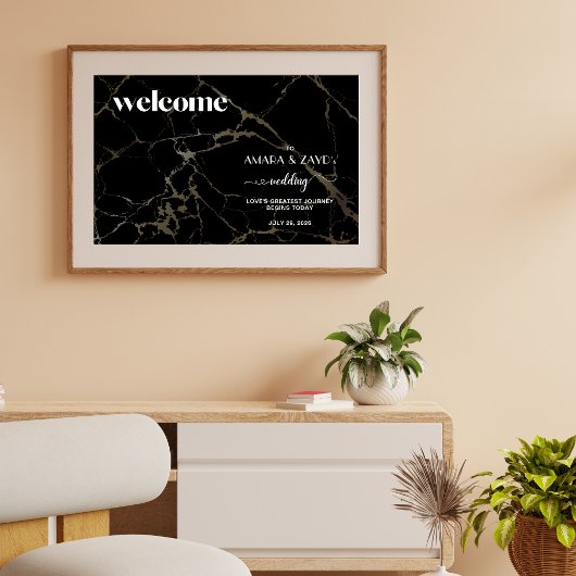 タイムレスな優雅さ：ブラック大理石とゴールドのウェディング アクリルサイン