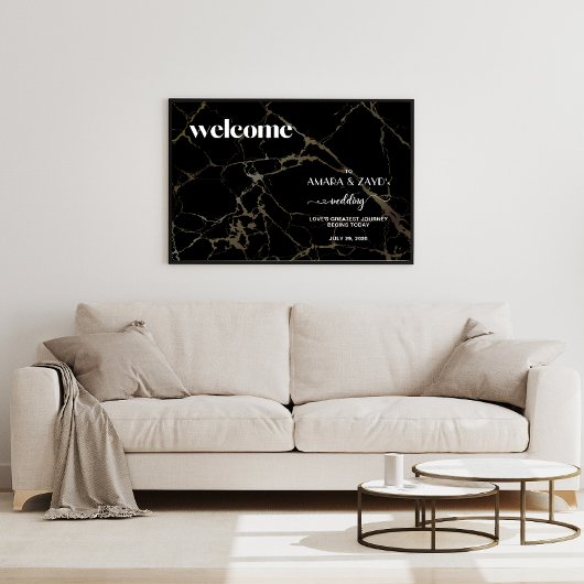 タイムレスな優雅さ：ブラック大理石とゴールドのウェディング アクリルサイン