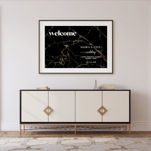 タイムレスな優雅さ：ブラック大理石とゴールドのウェディング アクリルサイン