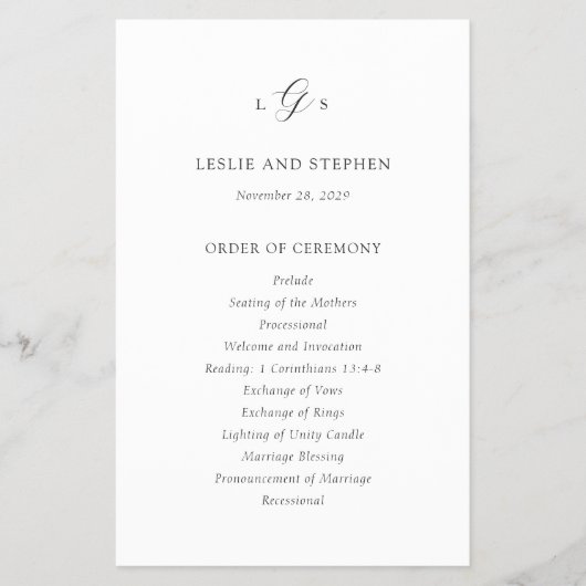 タイムレスな白黒バジェット結婚式 プログラム チラシ (正面)