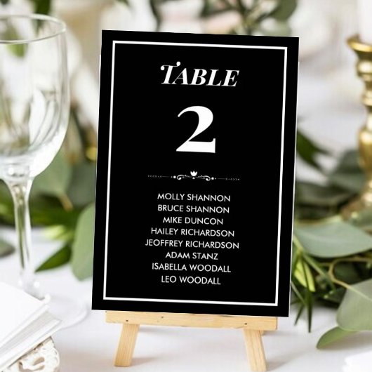 タイムレスな白黒結婚の座席表カード テーブルナンバー