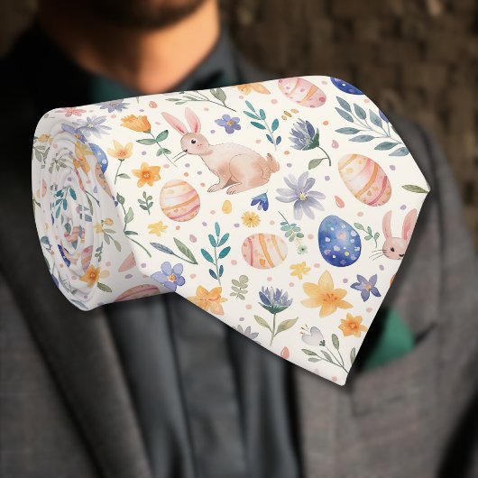 タイムレスウォーターカラーパステルウサギの花と卵 ネクタイ