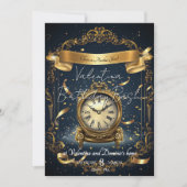 タイムレスエレガンス誕生日 | 金ゴールド&ネイビー時計 招待状 (正面)