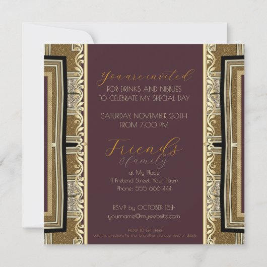 タイムレスエレガンス金ゴールドデコ80th誕生日スクエア 招待状 (裏面)