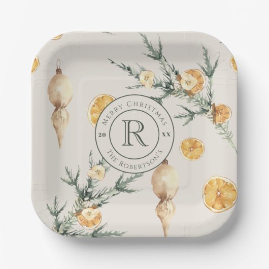 タイムレスエレガンス：シックなモノグラムのクリスマス ペーパープレート (正面)