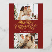 タイムレスエレガントスクリプトメリークリスマスフォト 箔シーズンポストカード (正面)