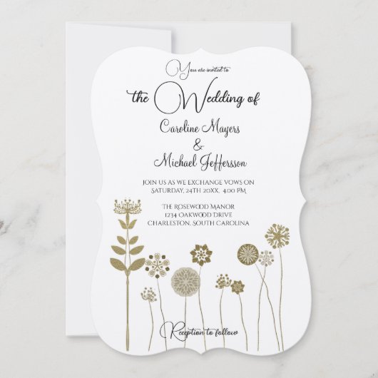 タイムレスエレガントソフト金ゴールドフローラミニマリズム 招待状 (正面)