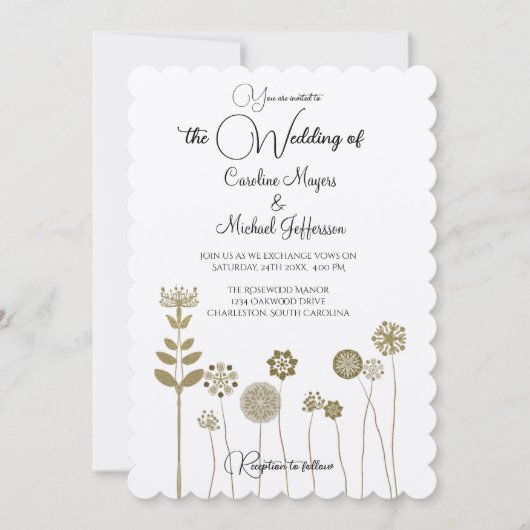 タイムレスエレガントソフト金ゴールドフローラミニマリズム 招待状 (正面)