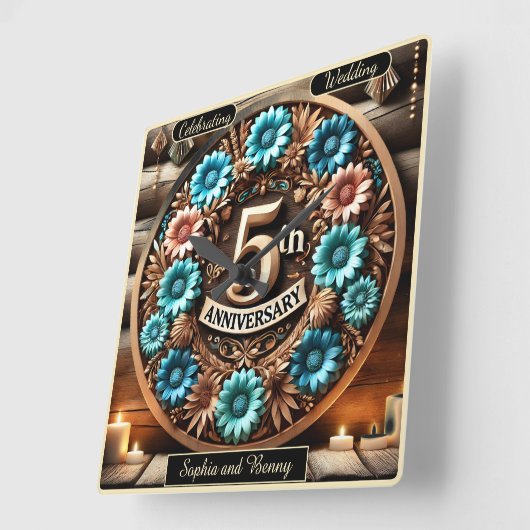 タイムレスサークル5周年記念フローラデザイン スクエア壁時計 (傾斜)