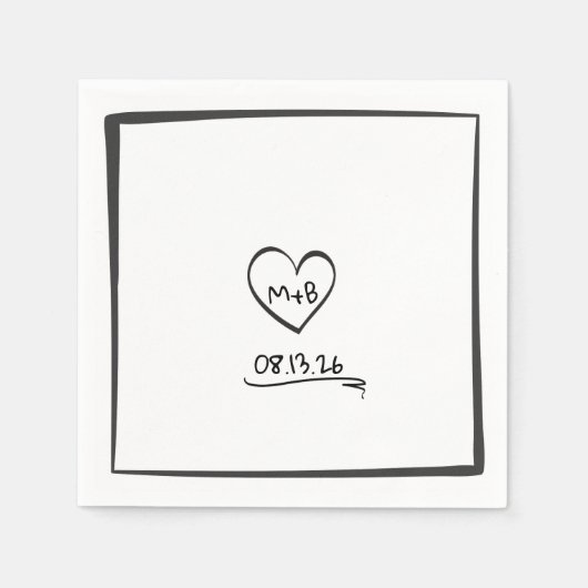 タイムレスシンプルハンド描画イニシャルスケッチ結婚の スタンダードカクテルナプキン (正面)