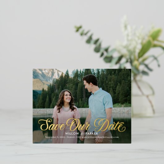 タイムレススクリプトFOIL日付はがきを保存 箔招待状ポストカード (立ち正面)