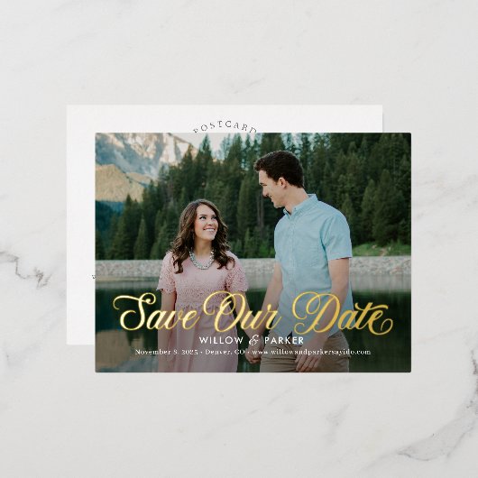 タイムレススクリプトFOIL日付はがきを保存 箔招待状ポストカード (正面/裏面)