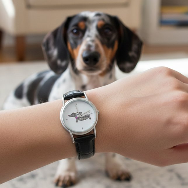 タイムレスダックシュントチャーム：グレープレイドレザーバンド 腕時計 (Plaid dachshund watch for wiener dog moms)