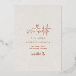 タイムレスニュートラルベージュウェディング日付を保存 箔招待状