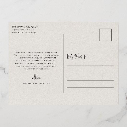 タイムレスニュートラルベージュエレガントな結婚式ありがとう 箔招待状ポストカード (裏面)