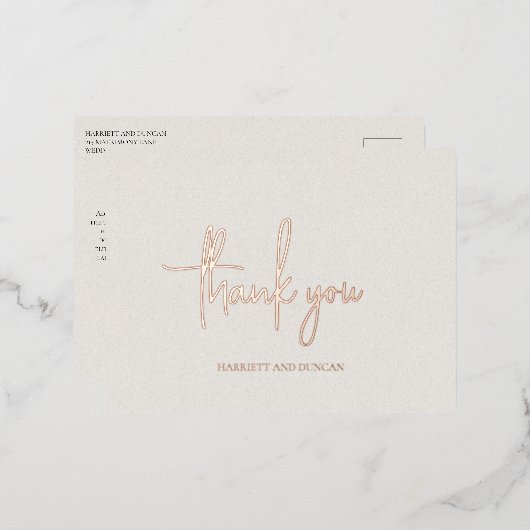 タイムレスニュートラルベージュエレガントな結婚式ありがとう 箔招待状ポストカード (正面/裏面)