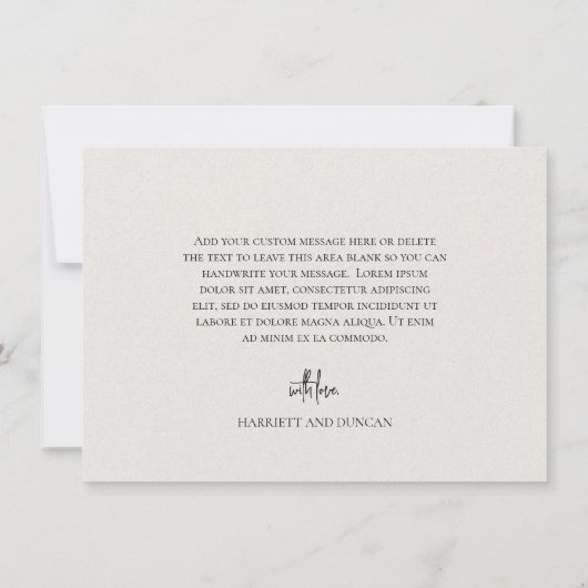 タイムレスニュートラルベージュエレガントな結婚式 サンキューカード (裏面)