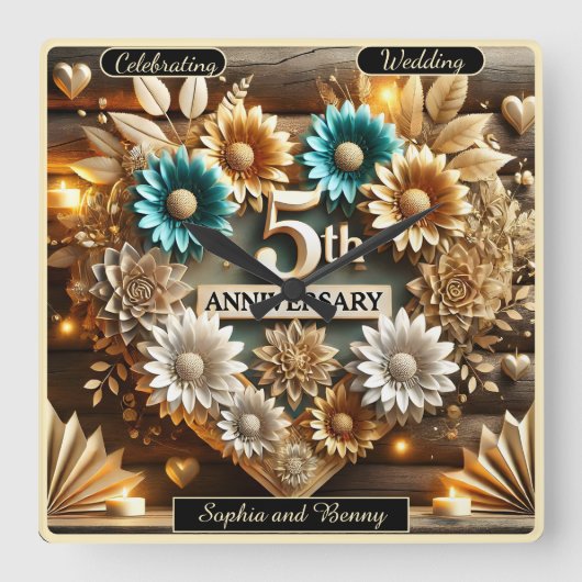 タイムレスハート5周年記念フローラの手配 スクエア壁時計 (正面)