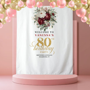 タイムレスバーガンディーフローラル80歳の誕生日タペストリー タペストリー