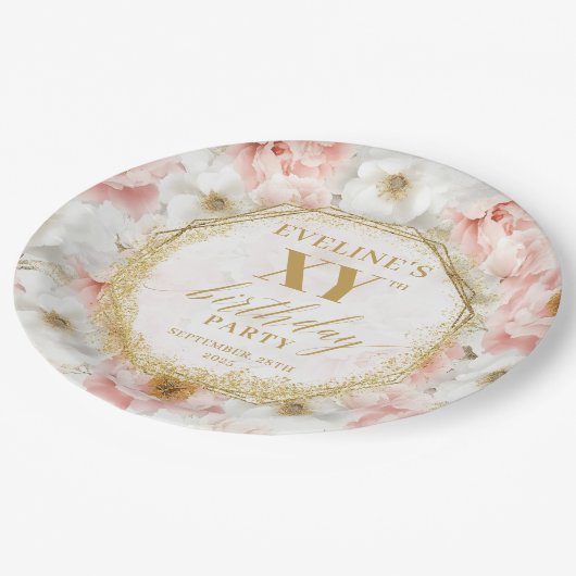 タイムレスフローラダスティピンク誕生日紙プレート ペーパープレート (アングル)