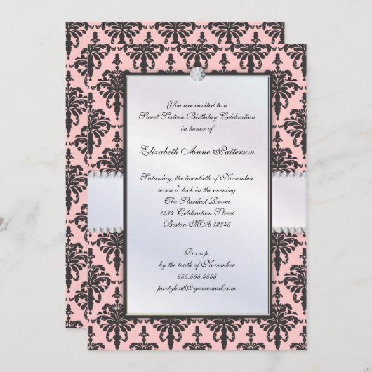 タイムレスブラック&ピンクダマスクスイート16パーティー 招待状 (正面/裏面)