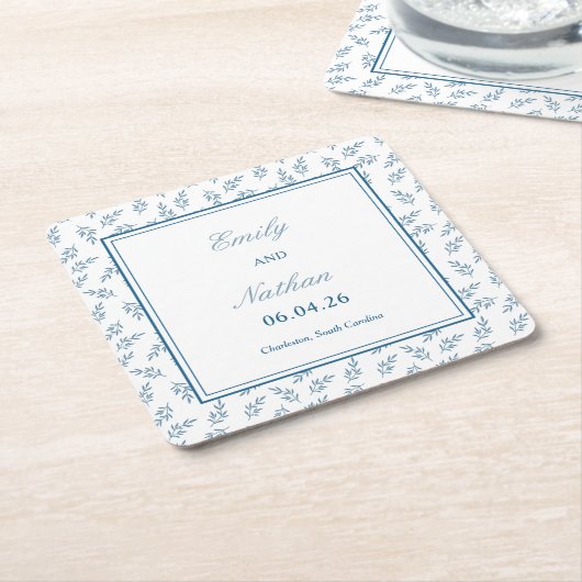 タイムレスブルーエレガントガクラシックーデン結婚ズ スクエアペーパーコースター (アングル)